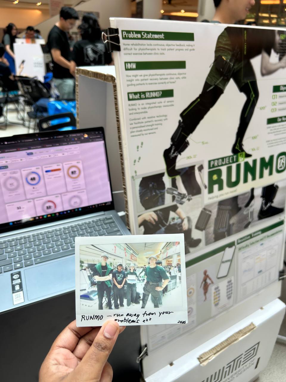 RUNMO showcase poster, live dashboard, and team polaroid